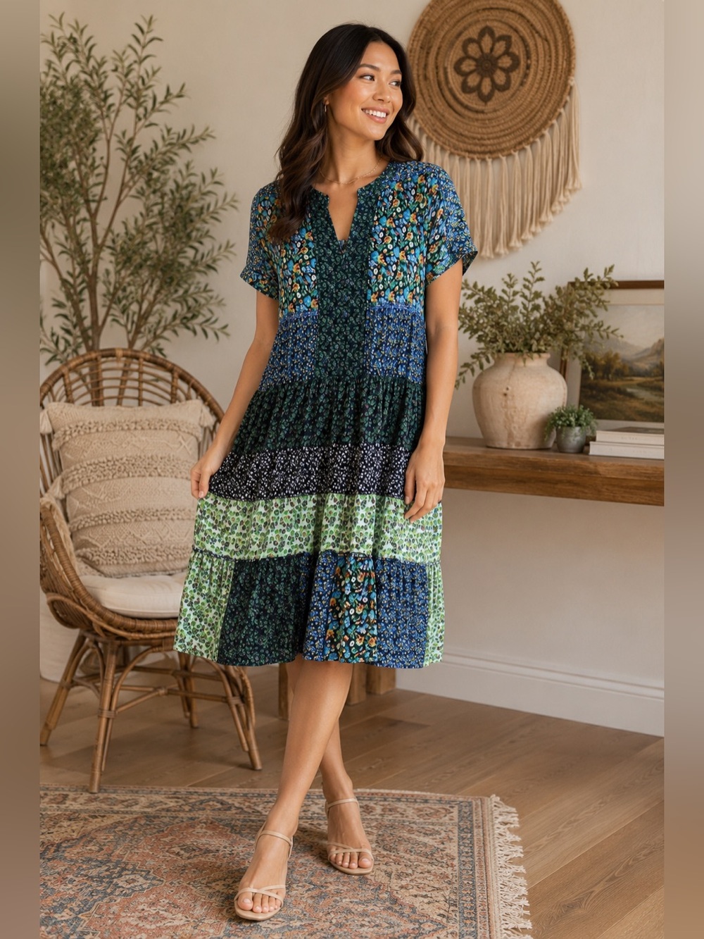 Cheer Blue Green Floral Patchwork Boho Midi Dress Cottagecore Prairie Size Small
